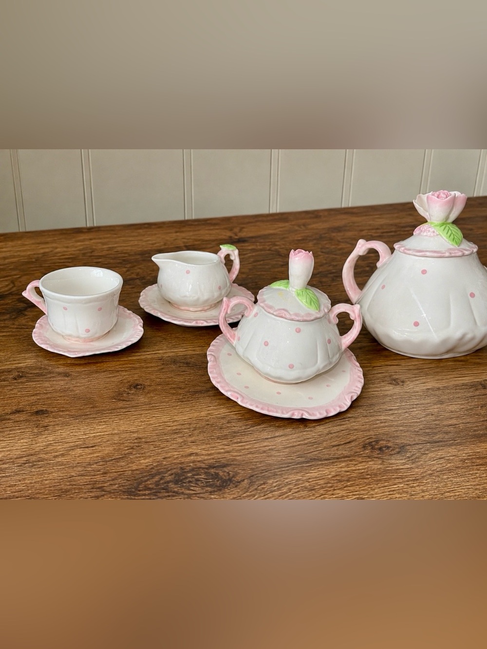 Vintage pink rosebud porcelain tea set - teapot, sugar bowl, creamer, cup/saucer